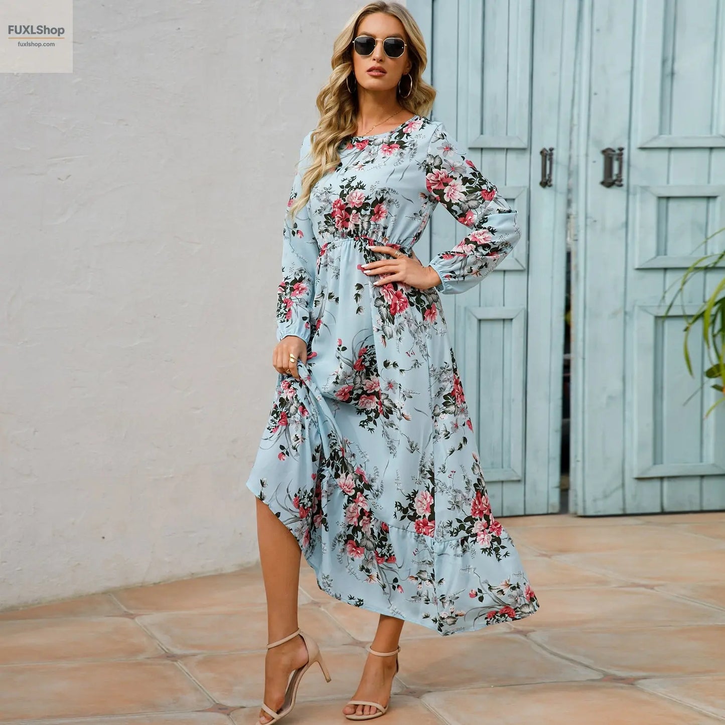 FUXL Bohemian Maxi Kleid – Langarm Chiffon Blumenkleid (Mid-Calf, Lockere Passform) - FUXL-Shopify