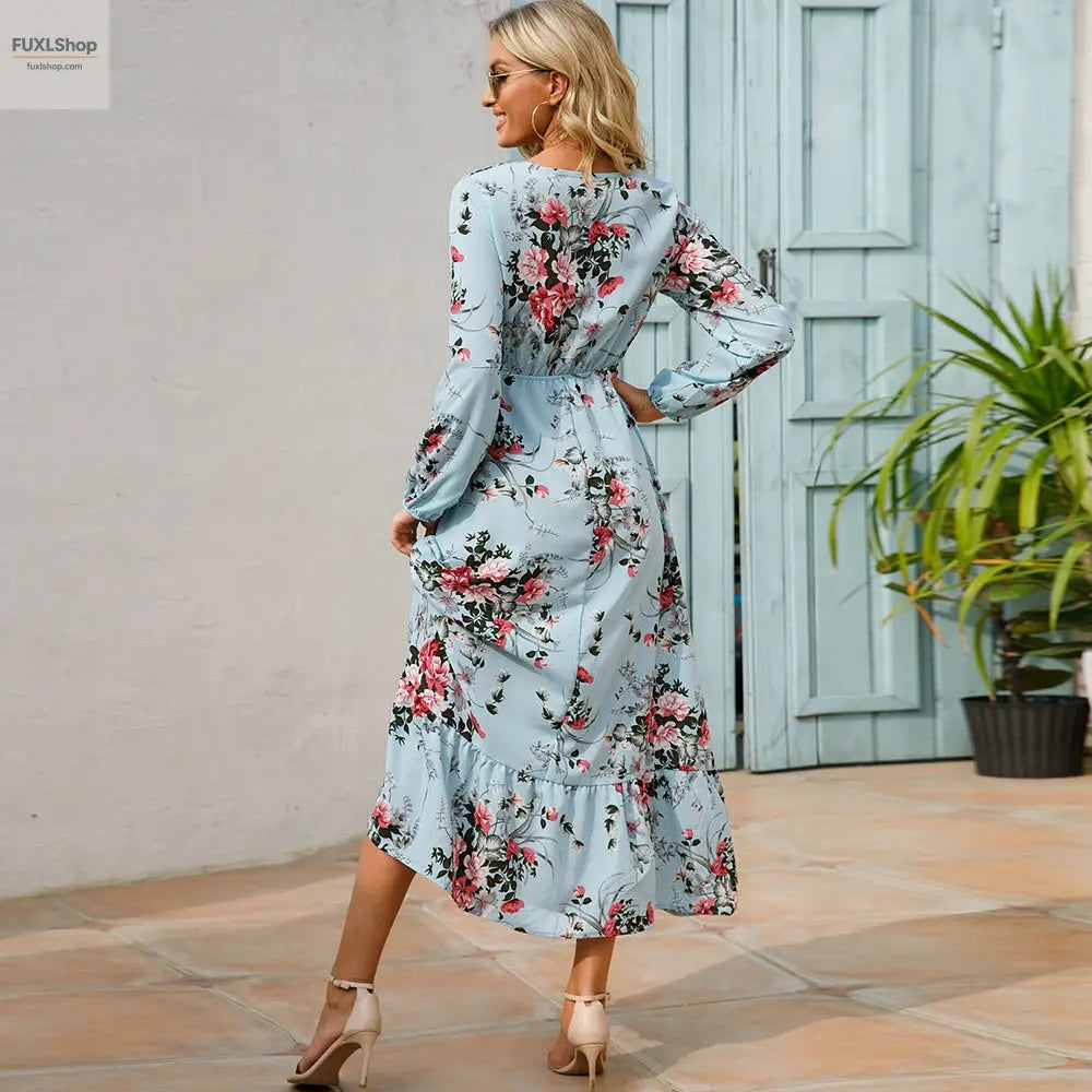 FUXL Bohemian Maxi Kleid – Langarm Chiffon Blumenkleid (Mid-Calf, Lockere Passform) - FUXL-Shopify