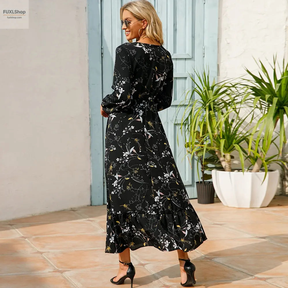 FUXL Bohemian Maxi Kleid – Langarm Chiffon Blumenkleid (Mid-Calf, Lockere Passform) - FUXL-Shopify