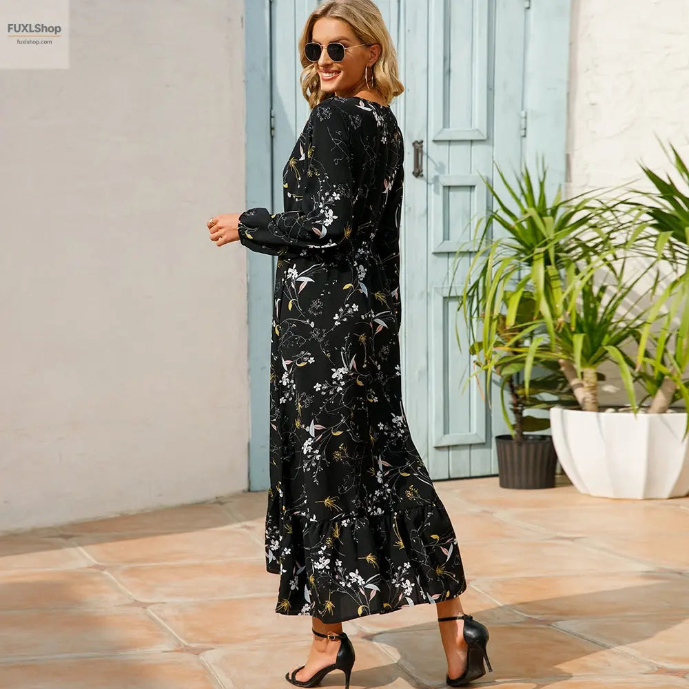 FUXL Bohemian Maxi Kleid – Langarm Chiffon Blumenkleid (Mid-Calf, Lockere Passform) - FUXL-Shopify