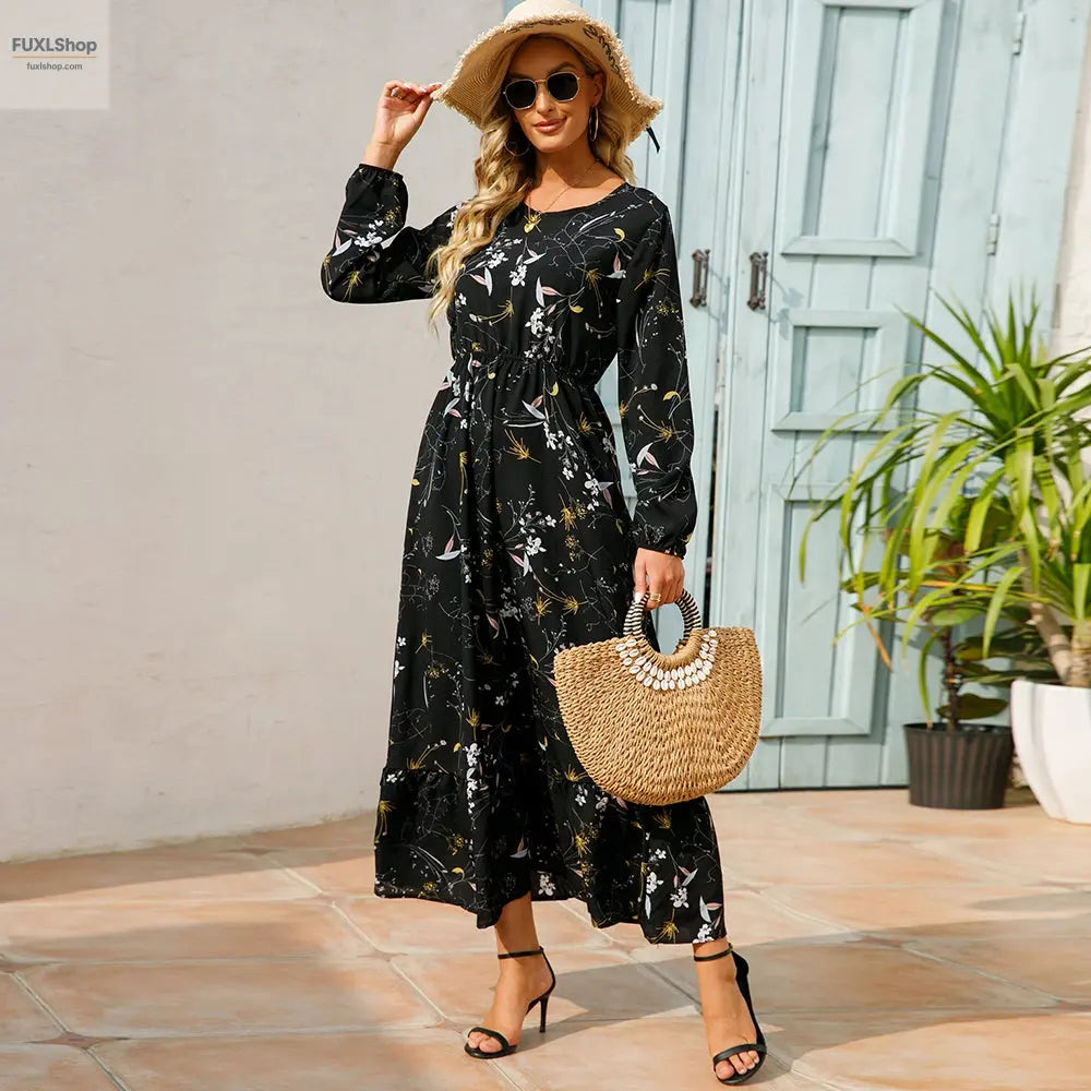 FUXL Bohemian Maxi Kleid – Langarm Chiffon Blumenkleid (Mid-Calf, Lockere Passform) - FUXL-Shopify