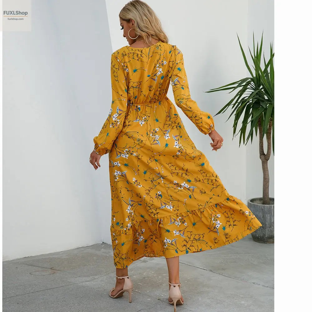 FUXL Bohemian Maxi Kleid – Langarm Chiffon Blumenkleid (Mid-Calf, Lockere Passform) - FUXL-Shopify