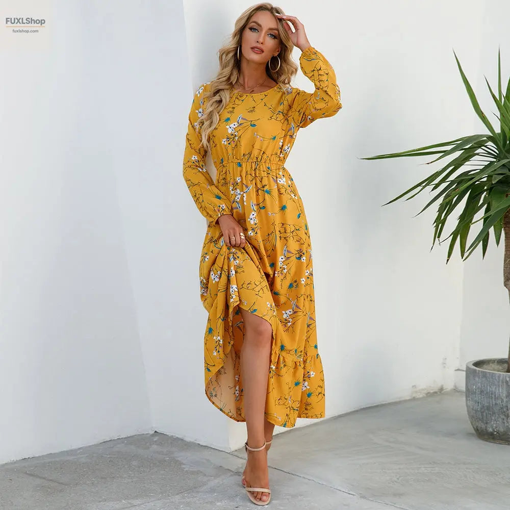 FUXL Bohemian Maxi Kleid – Langarm Chiffon Blumenkleid (Mid-Calf, Lockere Passform) - FUXL-Shopify