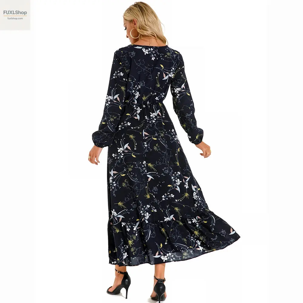 FUXL Bohemian Maxi Kleid – Langarm Chiffon Blumenkleid (Mid-Calf, Lockere Passform) - FUXL-Shopify