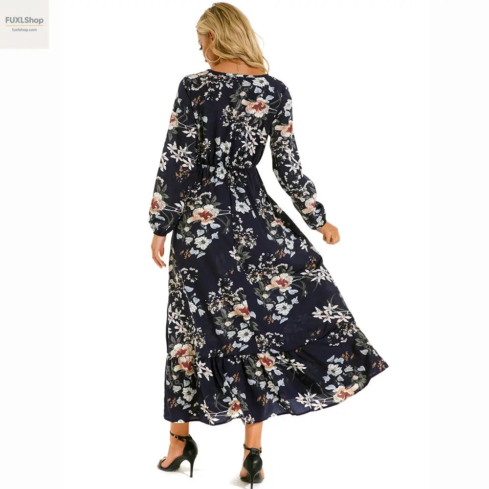 FUXL Bohemian Maxi Kleid – Langarm Chiffon Blumenkleid (Mid-Calf, Lockere Passform) - FUXL-Shopify