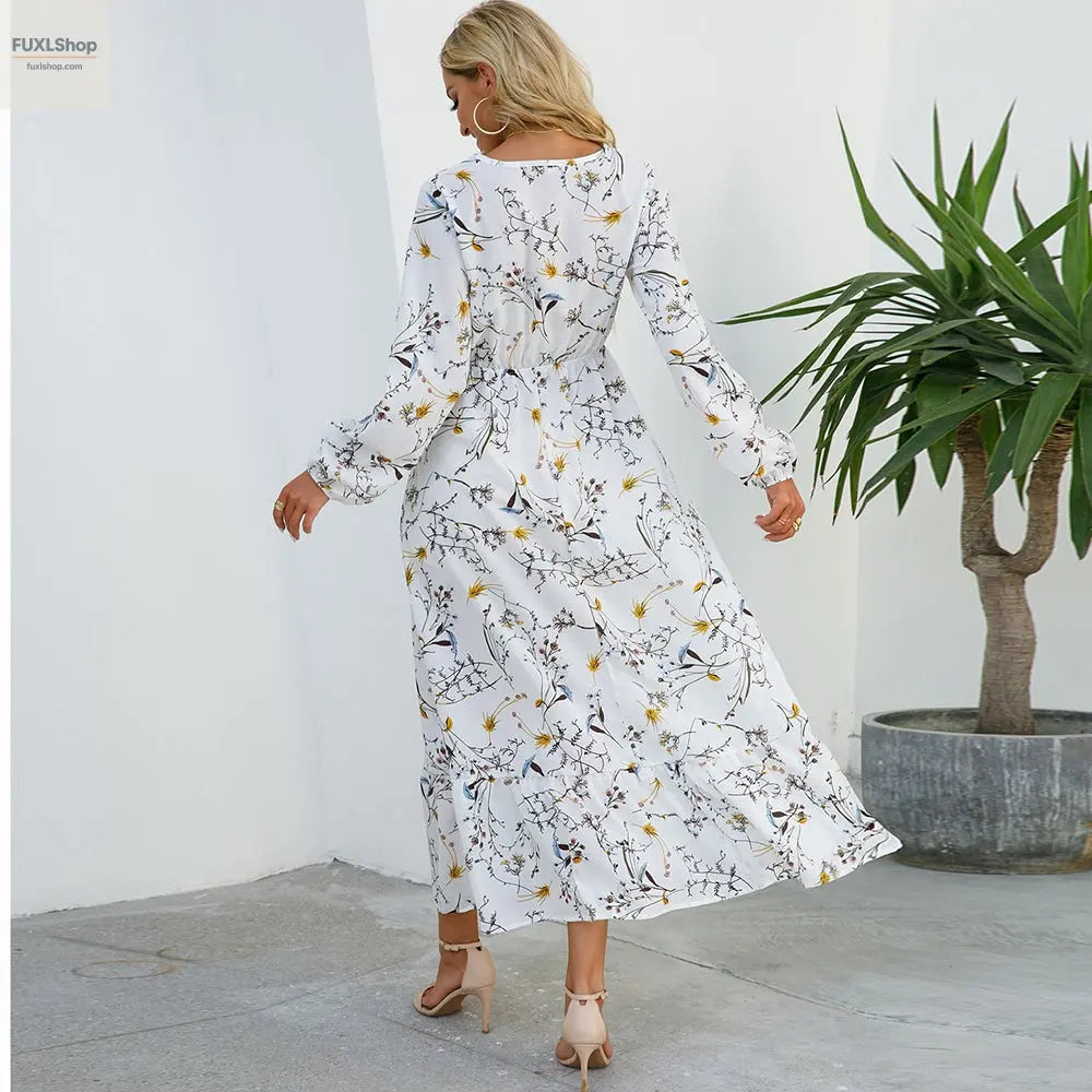 FUXL Bohemian Maxi Kleid – Langarm Chiffon Blumenkleid (Mid-Calf, Lockere Passform) - FUXL-Shopify
