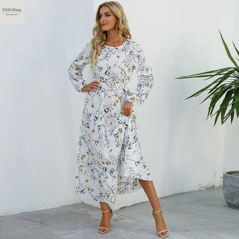 FUXL Bohemian Maxi Kleid – Langarm Chiffon Blumenkleid (Mid-Calf, Lockere Passform) - FUXL-Shopify