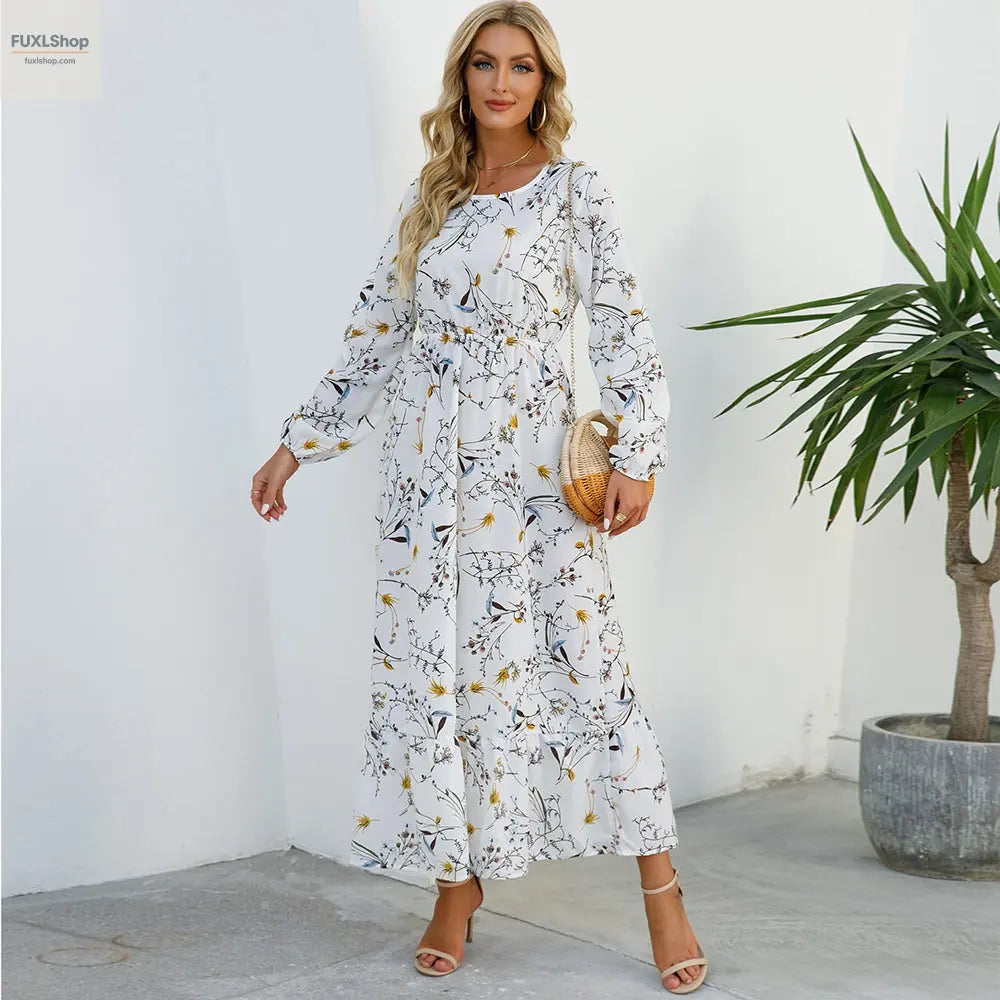 FUXL Bohemian Maxi Kleid – Langarm Chiffon Blumenkleid (Mid-Calf, Lockere Passform) - FUXL-Shopify
