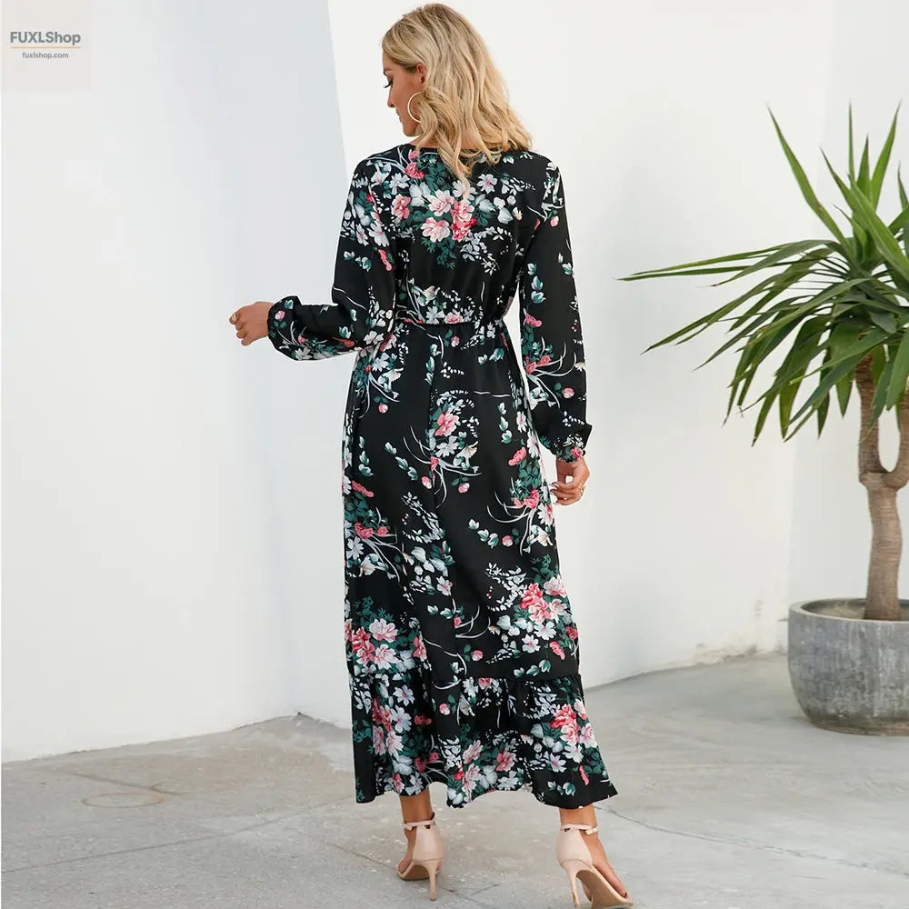 FUXL Bohemian Maxi Kleid – Langarm Chiffon Blumenkleid (Mid-Calf, Lockere Passform) - FUXL-Shopify