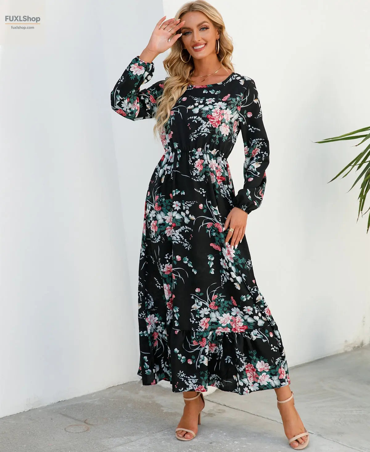 FUXL Bohemian Maxi Kleid – Langarm Chiffon Blumenkleid (Mid-Calf, Lockere Passform) - FUXL-Shopify