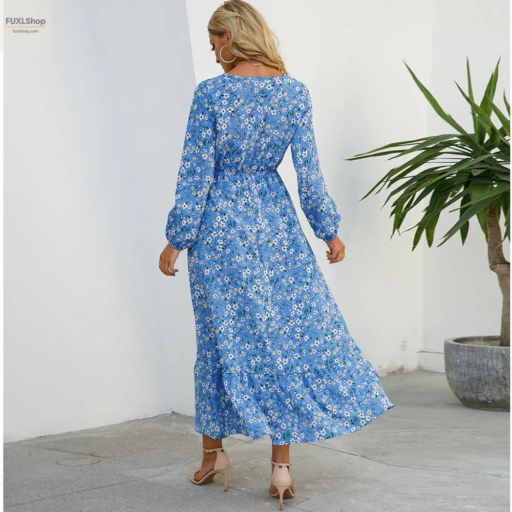 FUXL Bohemian Maxi Kleid – Langarm Chiffon Blumenkleid (Mid-Calf, Lockere Passform) - FUXL-Shopify