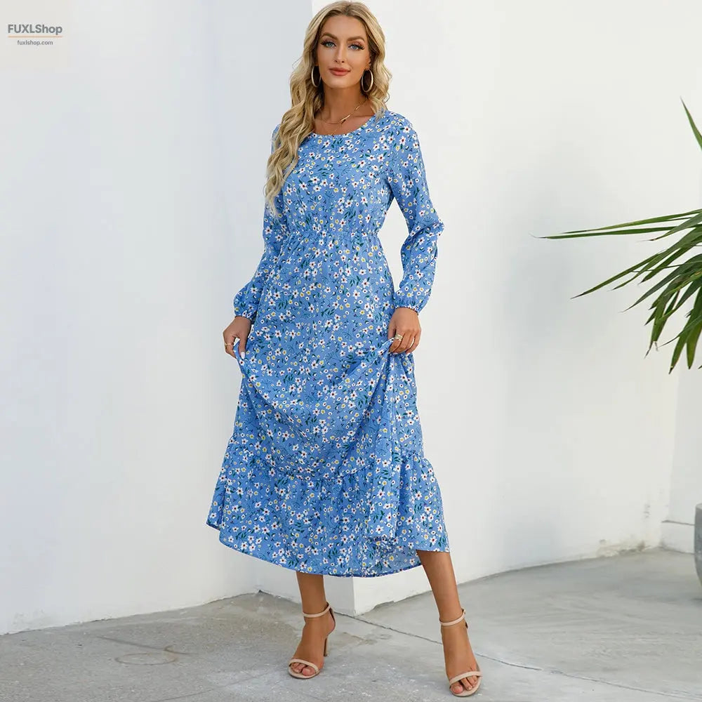 FUXL Bohemian Maxi Kleid – Langarm Chiffon Blumenkleid (Mid-Calf, Lockere Passform) - FUXL-Shopify