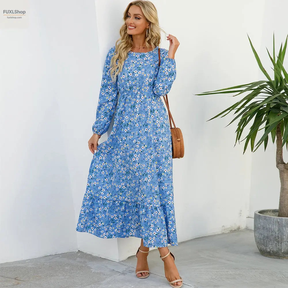FUXL Bohemian Maxi Kleid – Langarm Chiffon Blumenkleid (Mid-Calf, Lockere Passform) - FUXL-Shopify