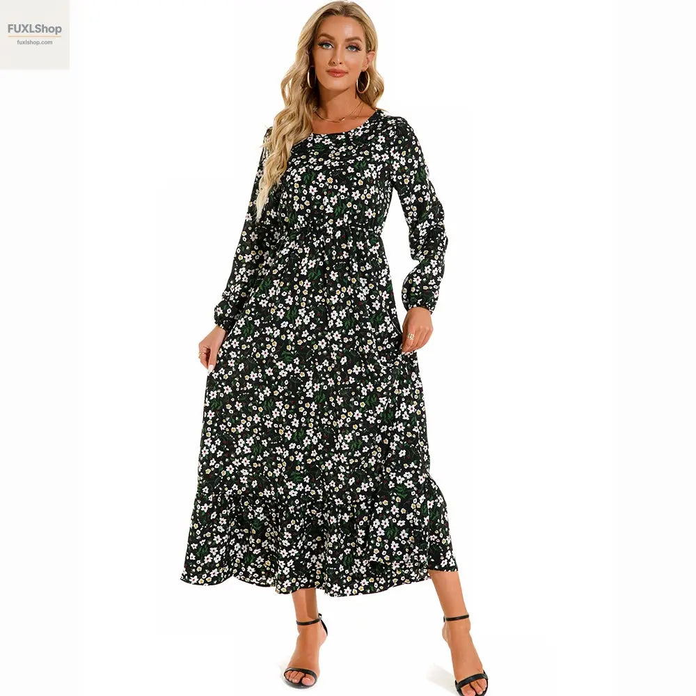 FUXL Bohemian Maxi Kleid – Langarm Chiffon Blumenkleid (Mid-Calf, Lockere Passform) - FUXL-Shopify