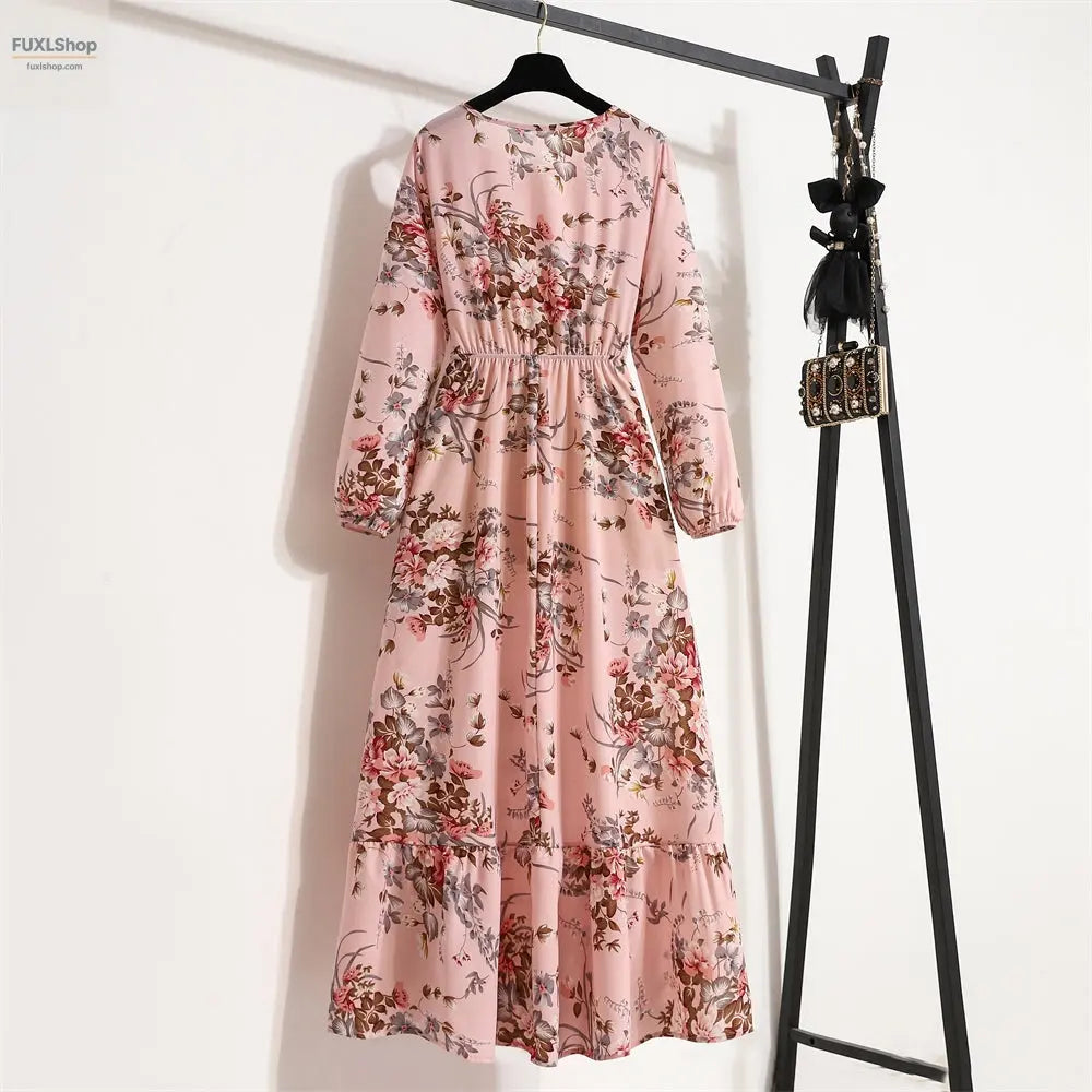 FUXL Bohemian Maxi Kleid – Langarm Chiffon Blumenkleid (Mid-Calf, Lockere Passform) - FUXL-Shopify