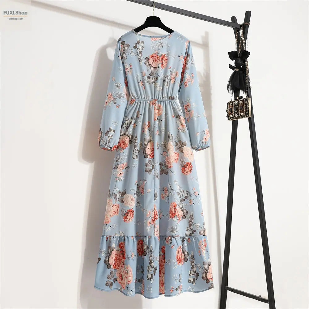 FUXL Bohemian Maxi Kleid – Langarm Chiffon Blumenkleid (Mid-Calf, Lockere Passform) - FUXL-Shopify