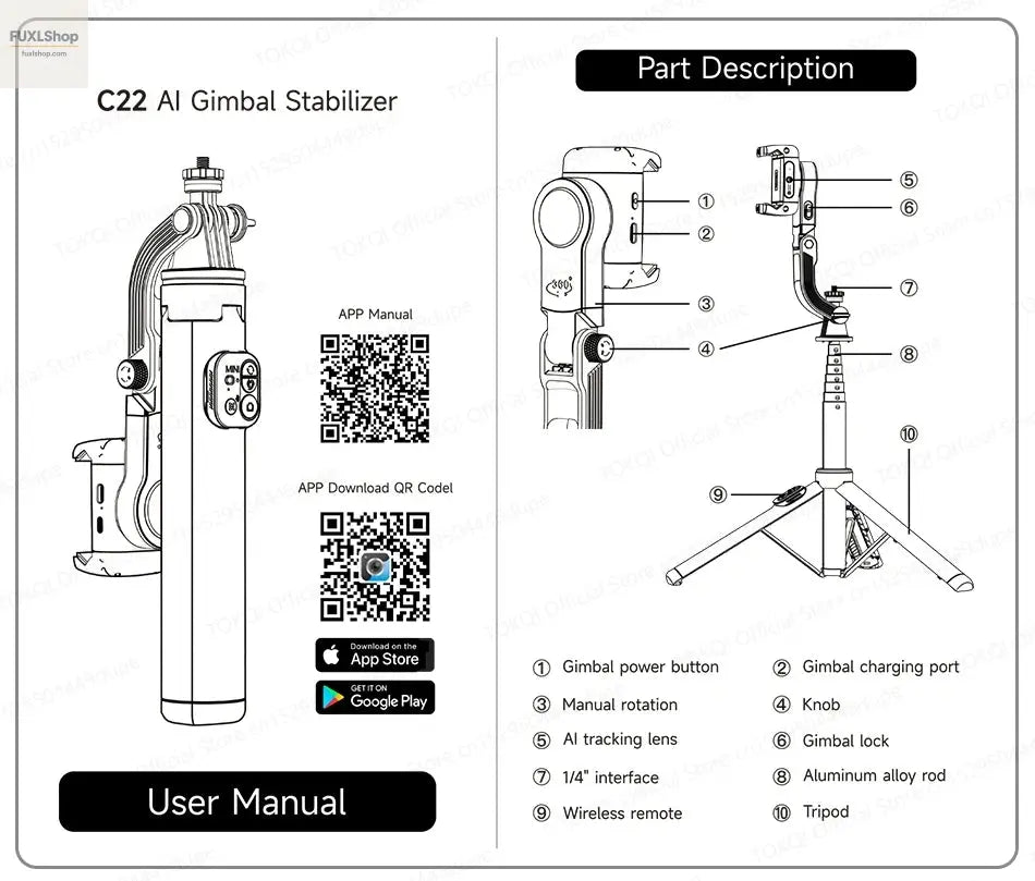 FUXL Handheld Gimbal 360° AI Face Tracking – Stabilisierter Selfie Stick mit Fernbedienung & Stativ für Smartphones - FUXL-Shopify
