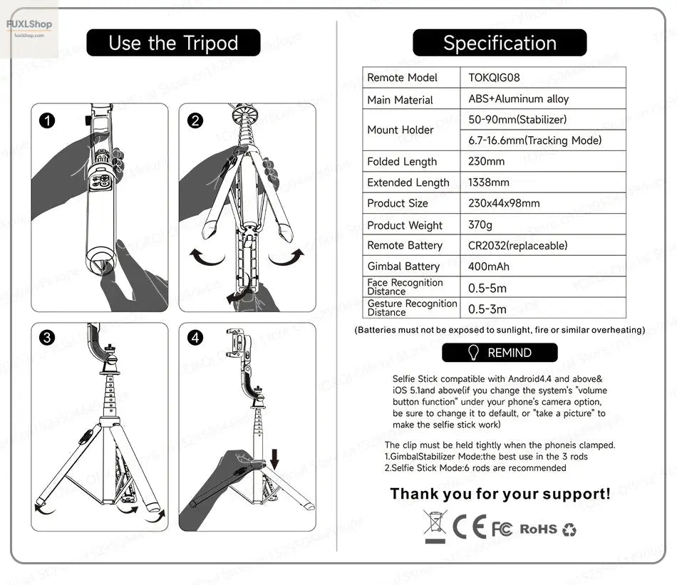 FUXL Handheld Gimbal 360° AI Face Tracking – Stabilisierter Selfie Stick mit Fernbedienung & Stativ für Smartphones - FUXL-Shopify
