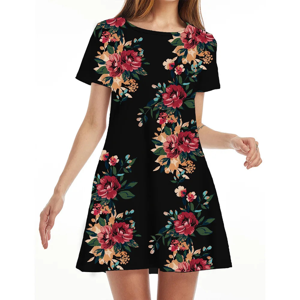 Frauen Casual Kurzarm T-Shirt Kleid Vintage Print Mini-Loose Dress - FUXL-Shopify