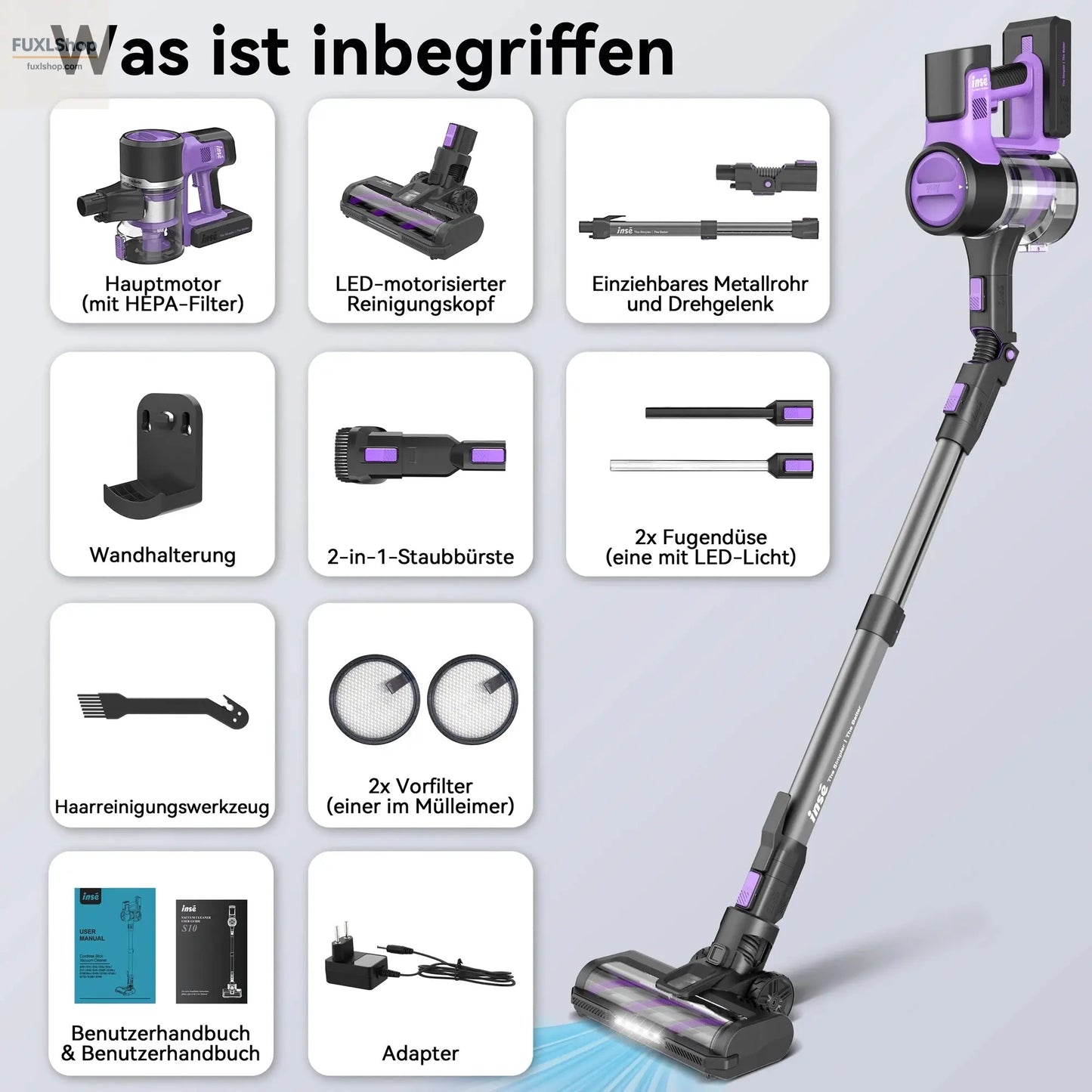 INSE S10 Akku-Staubsauger – 6-in-1 Kabelloser Staubsauger mit 30Kpa Saugkraft & 50 Min Laufzeit – Leicht & Flexibel (3-6 kg) - FUXL-Shopify