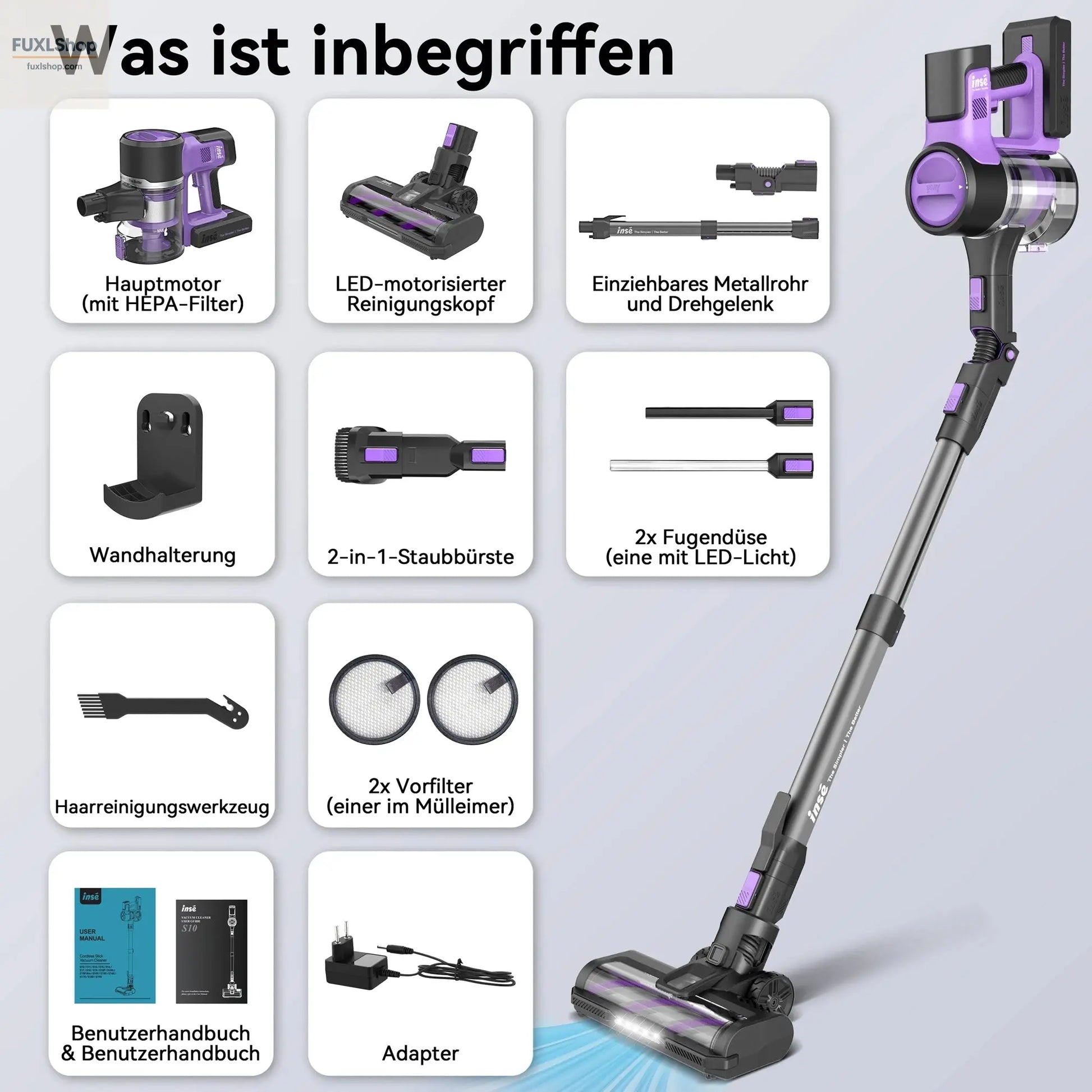 INSE S10 Akku-Staubsauger – 6-in-1 Kabelloser Staubsauger mit 30Kpa Saugkraft & 50 Min Laufzeit – Leicht & Flexibel (3-6 kg) - FUXL-Shopify