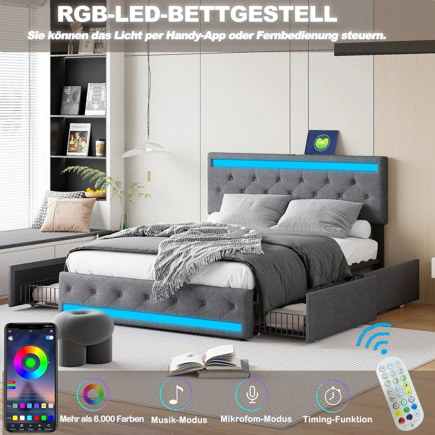 Polsterbett 140x200 cm mit USB-Ladefunktion, LED-Beleuchtung & 4 Schubladen - FUXL-Shopify