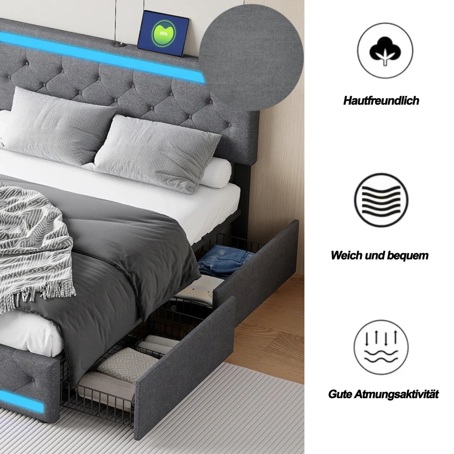 Polsterbett 140x200 cm mit USB-Ladefunktion, LED-Beleuchtung & 4 Schubladen - FUXL-Shopify