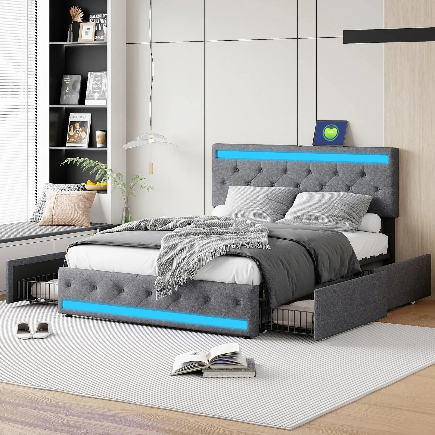 Polsterbett 140x200 cm mit USB-Ladefunktion, LED-Beleuchtung & 4 Schubladen - FUXL-Shopify