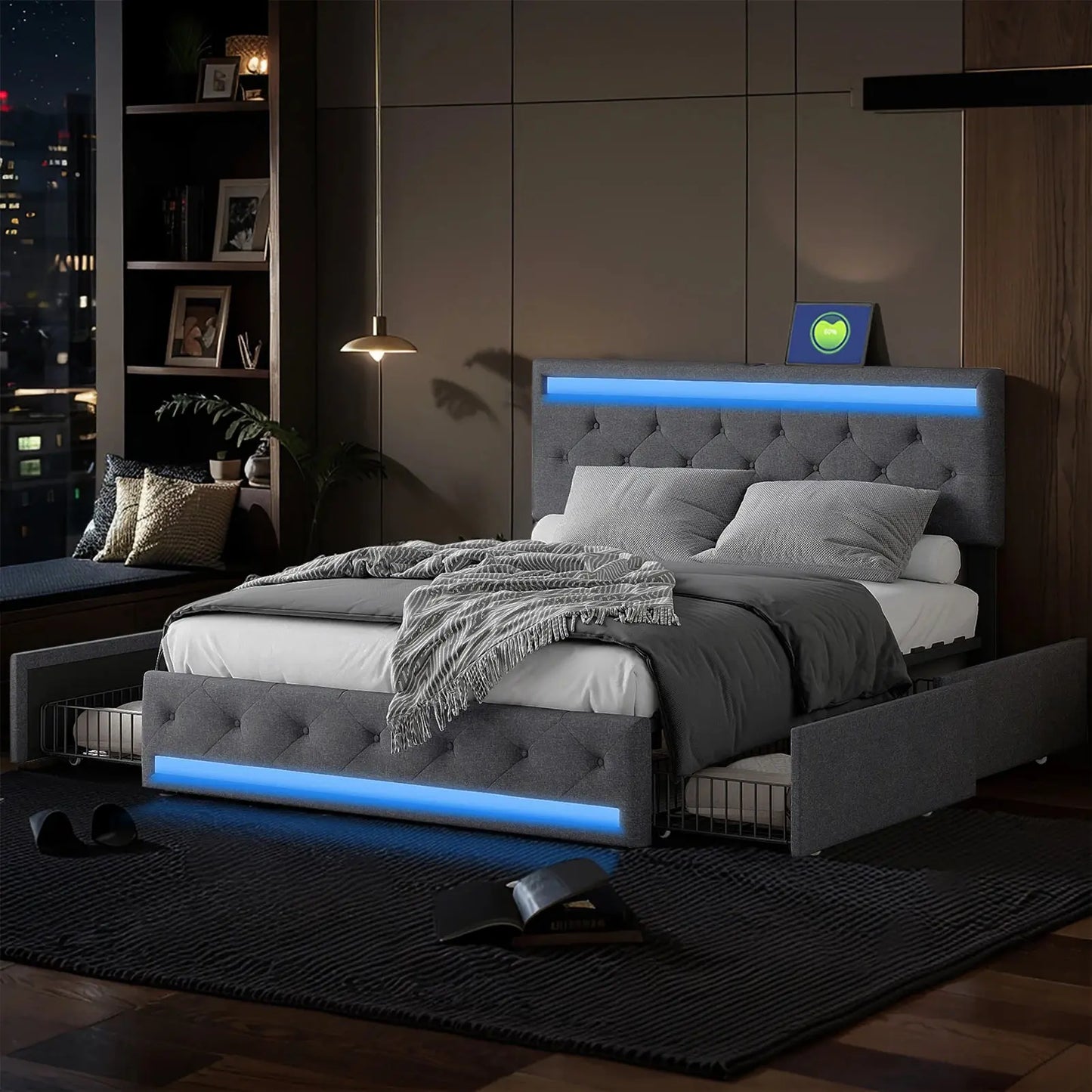 Polsterbett 140x200 cm mit USB-Ladefunktion, LED-Beleuchtung & 4 Schubladen - FUXL-Shopify