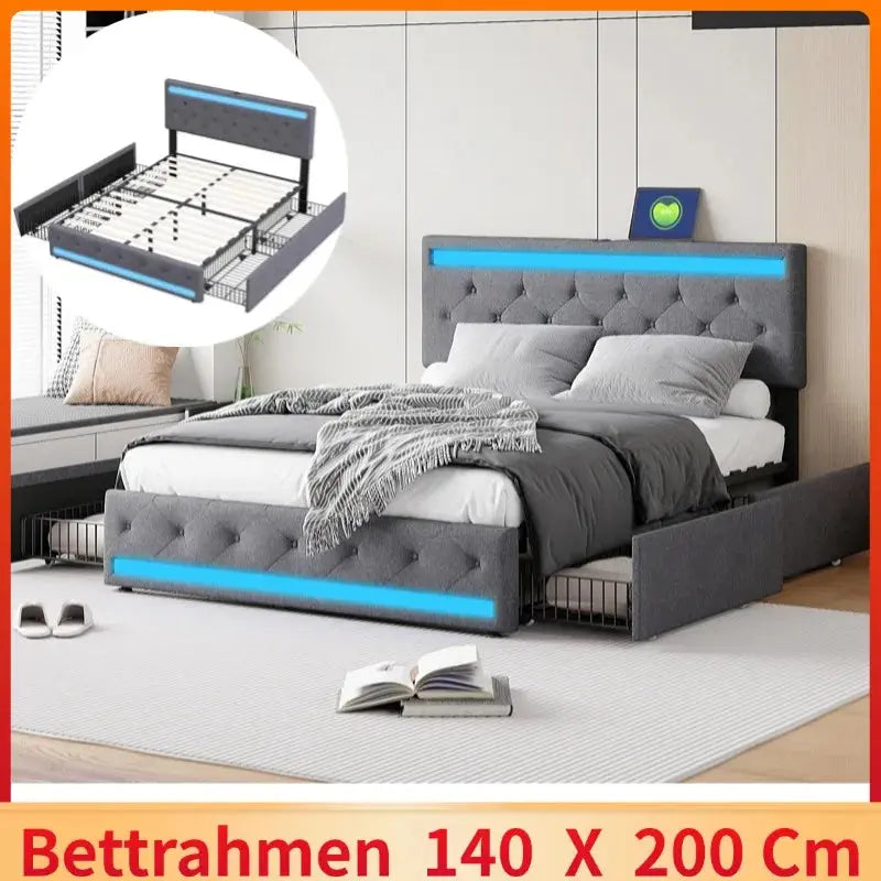 Polsterbett 140x200 cm mit USB-Ladefunktion, LED-Beleuchtung & 4 Schubladen - FUXL-Shopify
