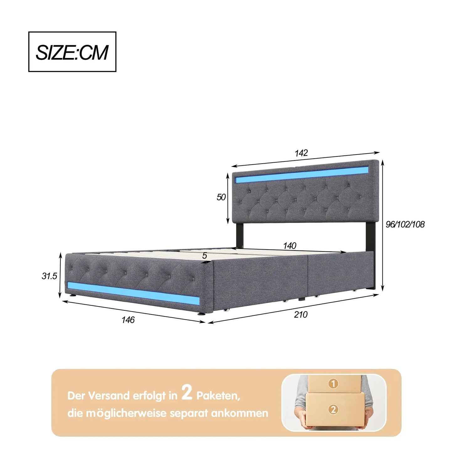 Polsterbett 140x200 cm mit USB-Ladefunktion, LED-Beleuchtung & 4 Schubladen - FUXL-Shopify