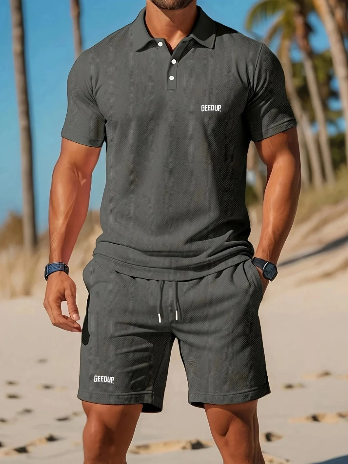 2024 männer Neue Sommer mesh revers kurzarm und Shorts Casual Set einfarbig lose strand sport atmungsaktive set