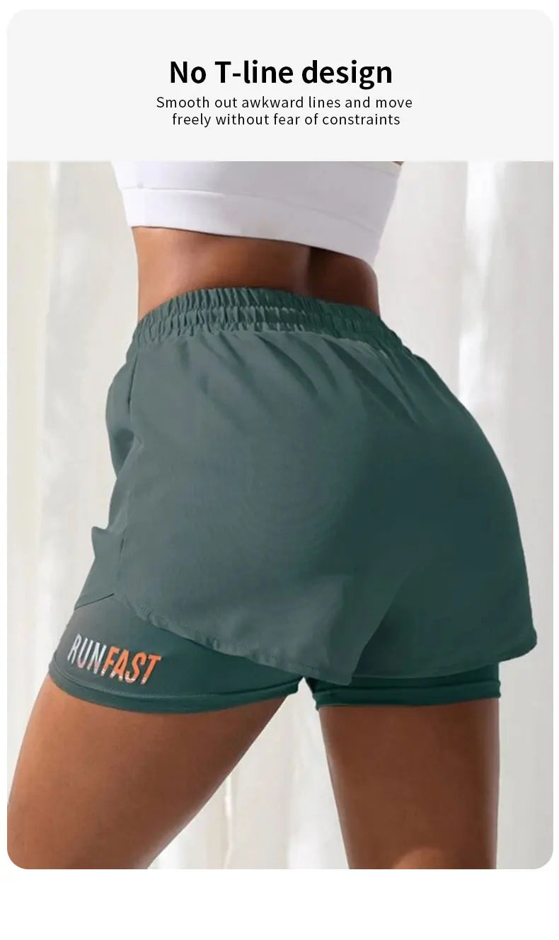 Damen-Yoga-Shorts mit hohem Bund und elastischer Laufshorts mit Näherungskontrolle, gefälschte zweiteilige Hose