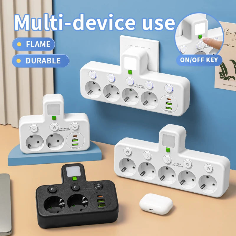 EU-Stecker, Steckdose, 5 Steckdosen, Steckdose, kein Verlängerungskabel, mit oder ohne ihn, USB-Typ-C-Anschlüsse, zwei Spezifikationen