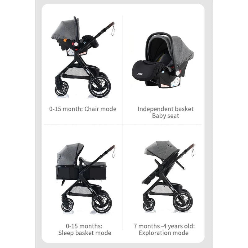 Poussette Luxueuse 3' und 1 Pour Nouveau-Ne,pade de Journey und Pliable, Cadre Aluminium, Landau, Capote Rabattable