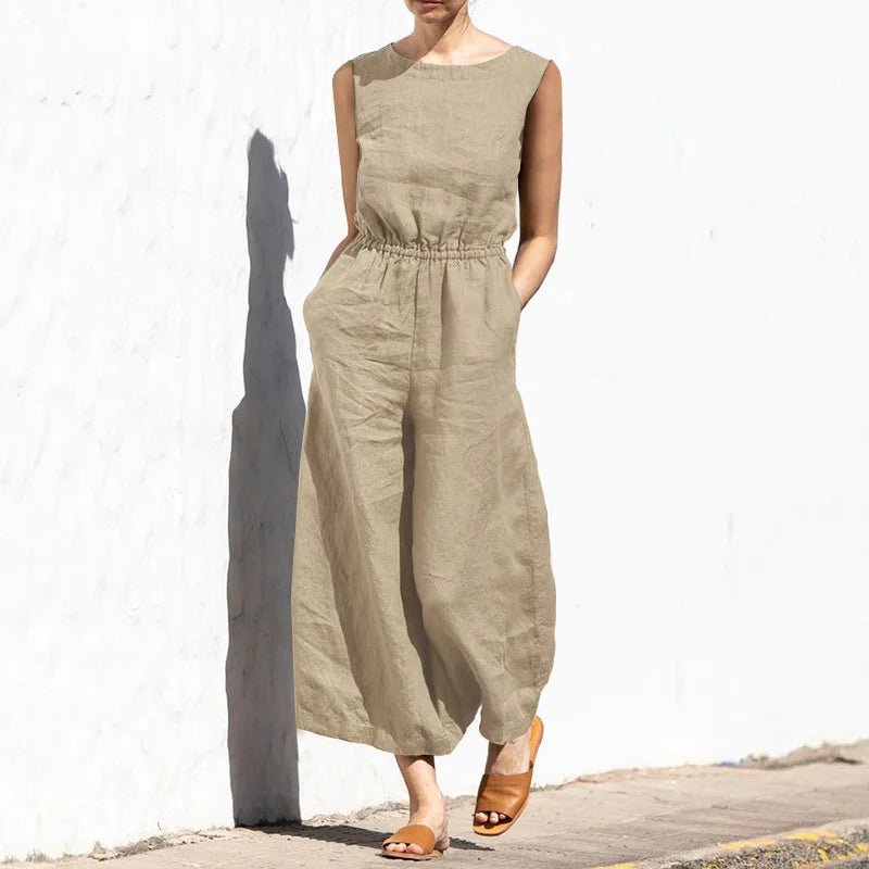 Baumwolle Und Leinen Overall Frauen Einfarbig Ärmellose Tasche Hohe Taille Breite Beine Overalls Casual Pendeln Damen Bodys