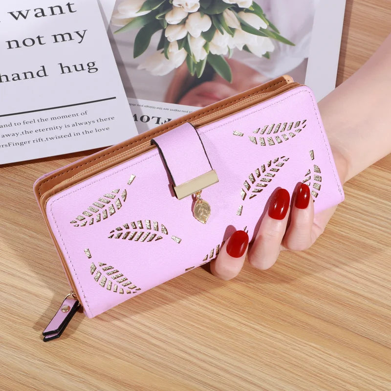 Frauen Brieftasche PU Leder Geldbörse Weibliche Lange Brieftasche Gold Hohl Blätter Beutel Handtasche Für Frauen Geldbörse Karte Halter Kupplung