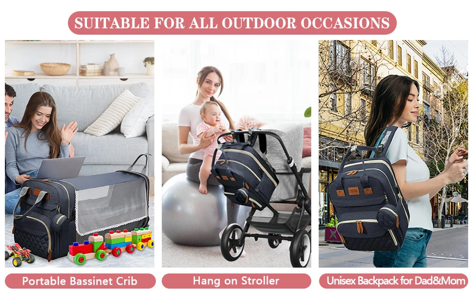 3-in-1-Wickeltasche-Rucksack, faltbares Babybett, wasserdichte Reisetasche mit USB-Aufladung, Wickeltasche-Rucksack mit Wickelbett, 3 Arten - FUXL-Shopify