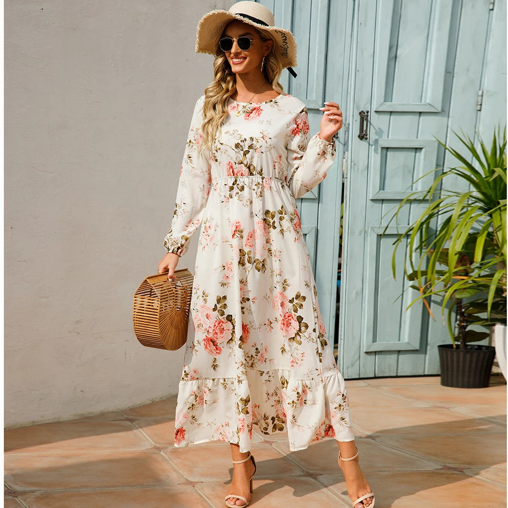 FUXL Bohemian Maxi Kleid – Langarm Chiffon Blumenkleid (Mid-Calf, Lockere Passform) - FUXL-Shopify