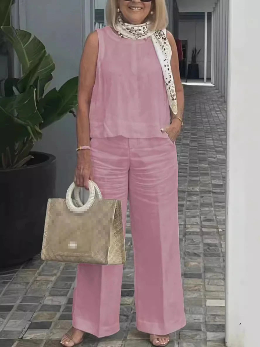Einfache Baumwolle Leinen frauen Anzüge Sommer Mode Ärmellose Lose Bluse Breite Bein Hosen Zwei Stück Set Für Frauen Casual Outfits