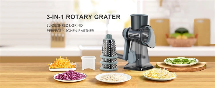 FUXL 3-in-1-Käsereibe, vielseitiger manueller Gemüseschneider, Erdnussmühle, Käse- und Gemüsezerkleinerer, transparent, JT242 - FUXL-Shopify
