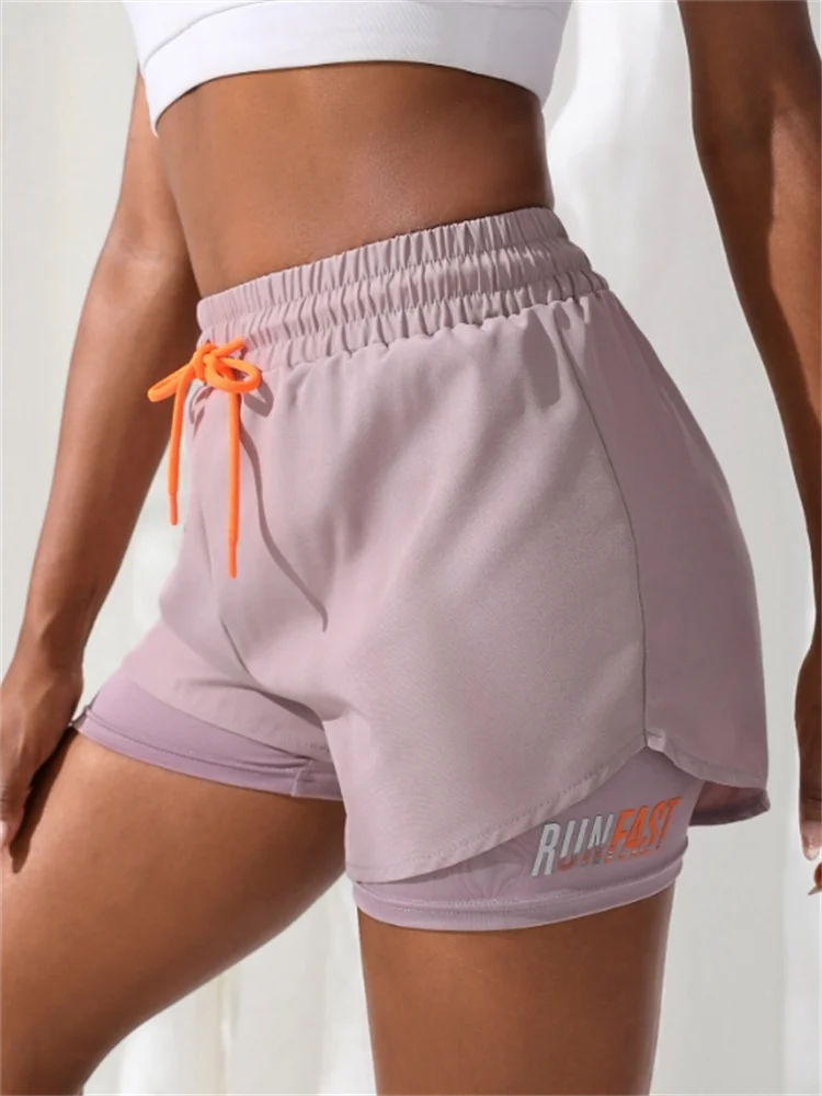 Damen-Yoga-Shorts mit hohem Bund und elastischer Laufshorts mit Näherungskontrolle, gefälschte zweiteilige Hose