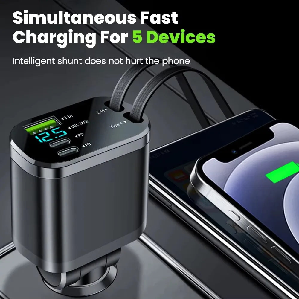 150 W Auto-Ladegerät-Adapter, 5-in-1, schnelles Laden, USB-Typ-C-Autoladegerät mit einziehbaren Typ-C-Kabeln für iPhone, Huawei, Samsung