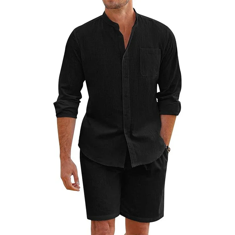 Sommer männer Casual Sets Atmungsaktive Baumwolle Leinen Vintage Stehkragen Shirts + Shorts Sets Männer Atmungsaktivem Strand Anzüge