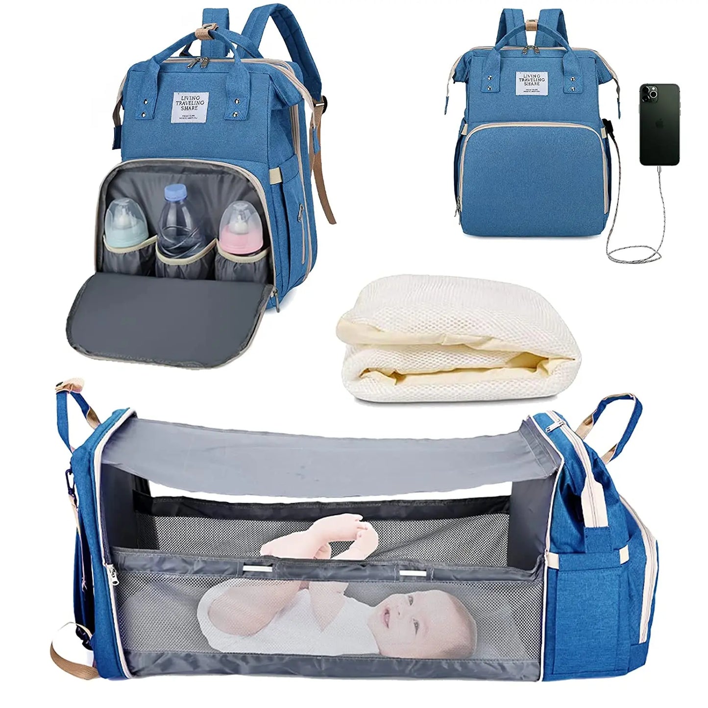 3-in-1-Wickeltasche-Rucksack, faltbares Babybett, wasserdichte Reisetasche mit USB-Aufladung, Wickeltasche-Rucksack mit Wickelbett, 3 Arten - FUXL-Shopify