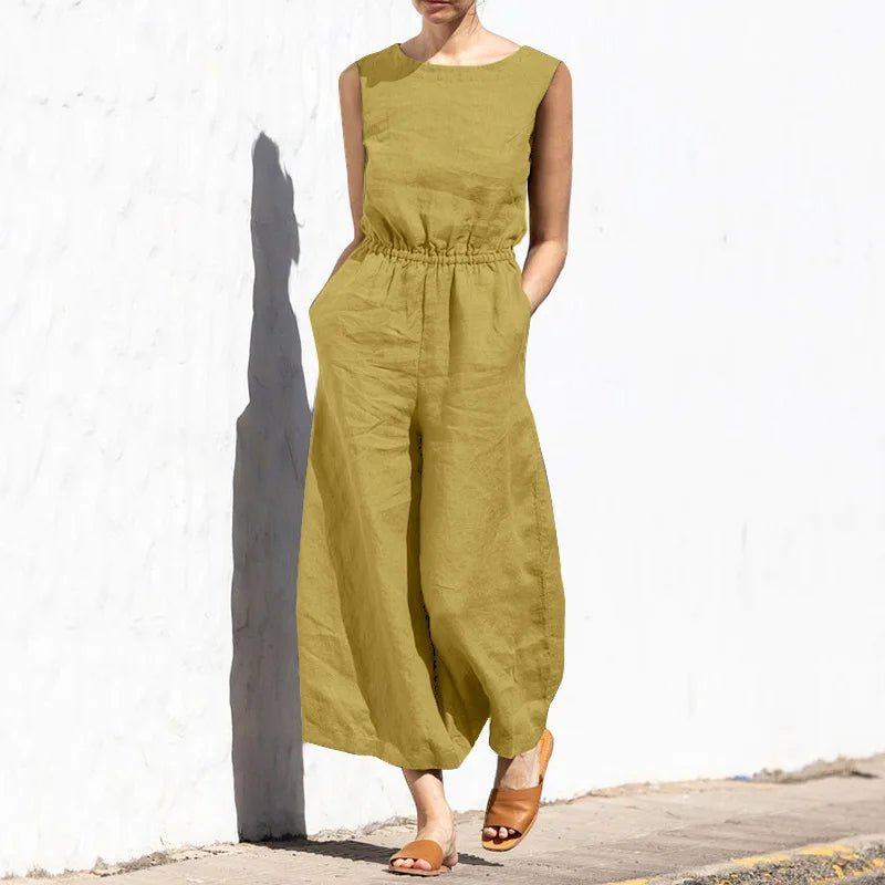 Baumwolle Und Leinen Overall Frauen Einfarbig Ärmellose Tasche Hohe Taille Breite Beine Overalls Casual Pendeln Damen Bodys