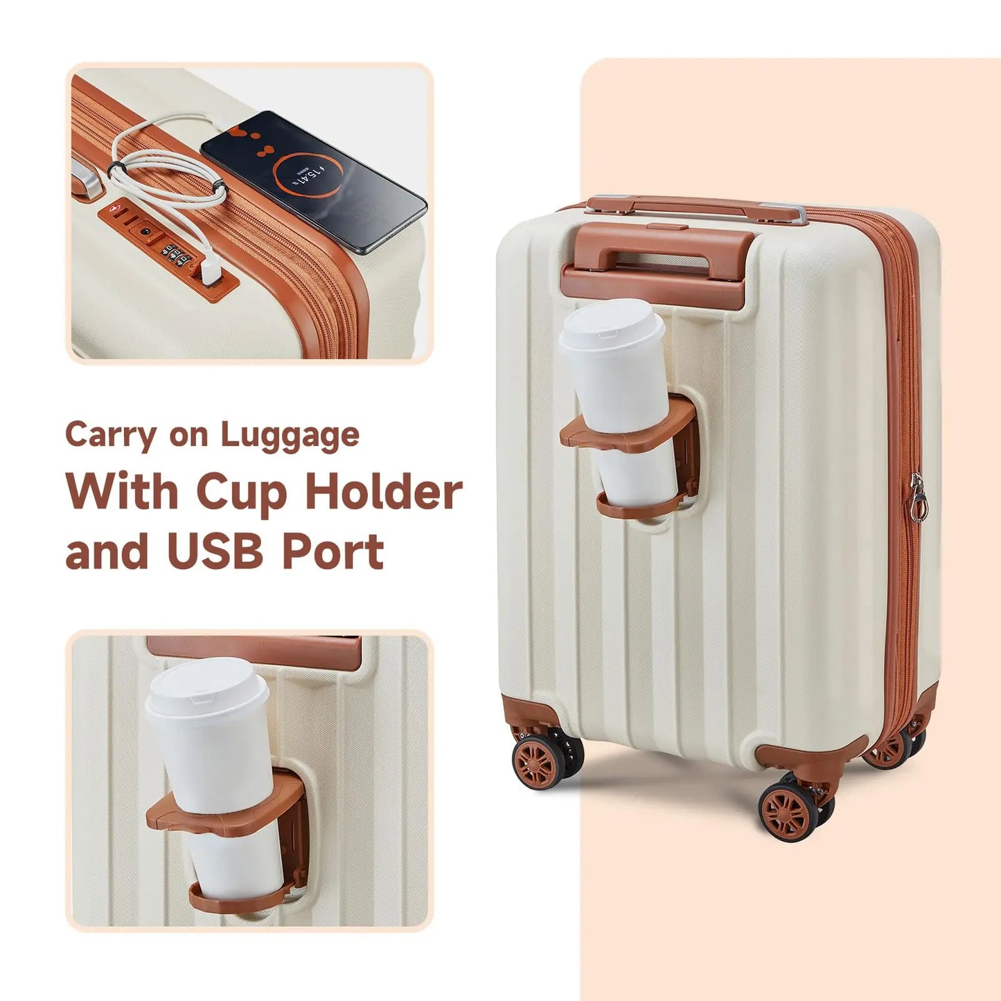 imiomo Erweiterbares Handgepäck-Koffer-Set mit Reisetasche, Getränkehalter, TSA-Schloss, Spinner-Räder, leicht und langlebig