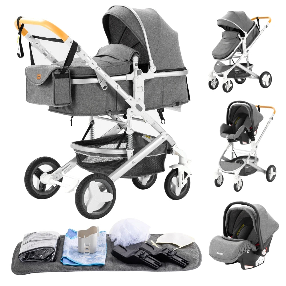 Poussette Luxueuse 3' und 1 Pour Nouveau-Ne,pade de Journey und Pliable, Cadre Aluminium, Landau, Capote Rabattable