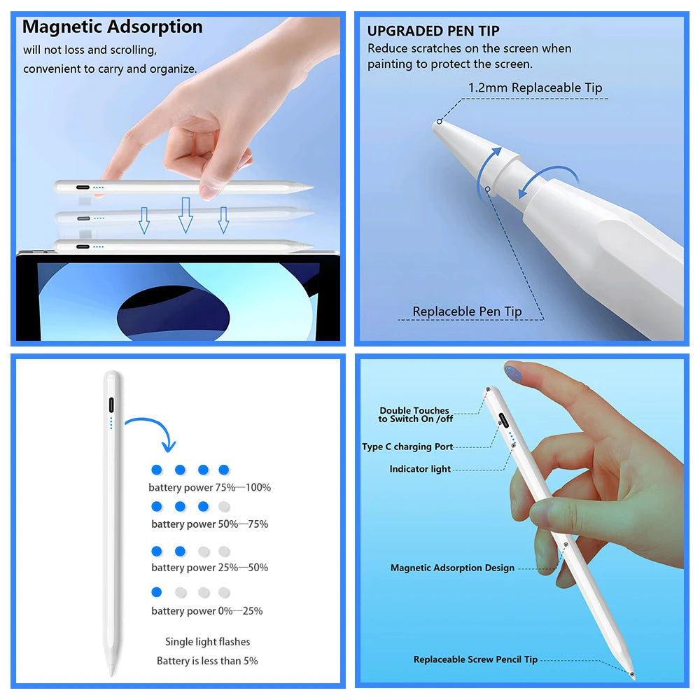 Stylus Pen für Apple Pencil (2022-2018) mit LED-Power-Anzeige & Palm Rejection – Präziser Touch-Stift für iPad Pro/Air/Mini