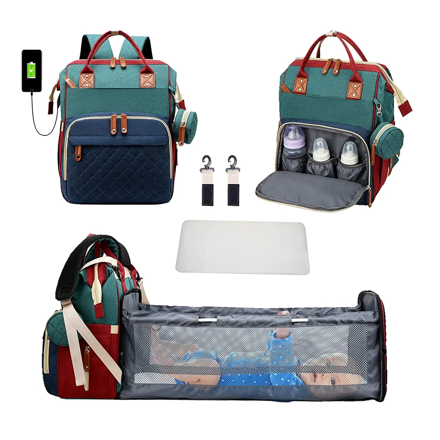 3-in-1-Wickeltasche-Rucksack, faltbares Babybett, wasserdichte Reisetasche mit USB-Aufladung, Wickeltasche-Rucksack mit Wickelbett, 3 Arten - FUXL-Shopify